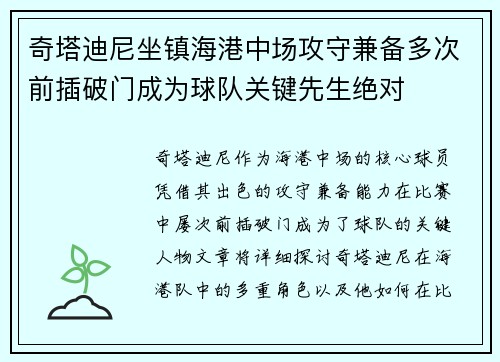 奇塔迪尼坐镇海港中场攻守兼备多次前插破门成为球队关键先生绝对