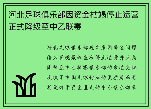 河北足球俱乐部因资金枯竭停止运营正式降级至中乙联赛